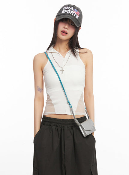mesh-sleeveless-collared-crop-top-iy502 / White