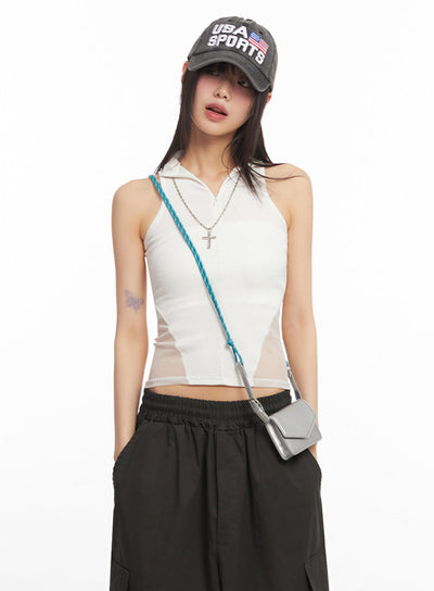mesh-sleeveless-collared-crop-top-iy502 / White