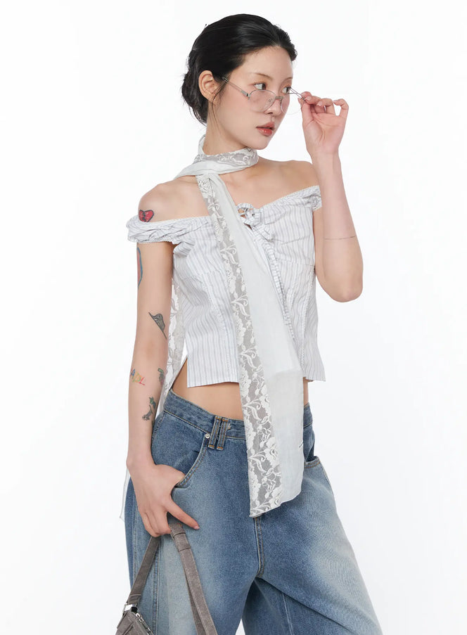 striped-off-shoulder-blouse-ca524 / White