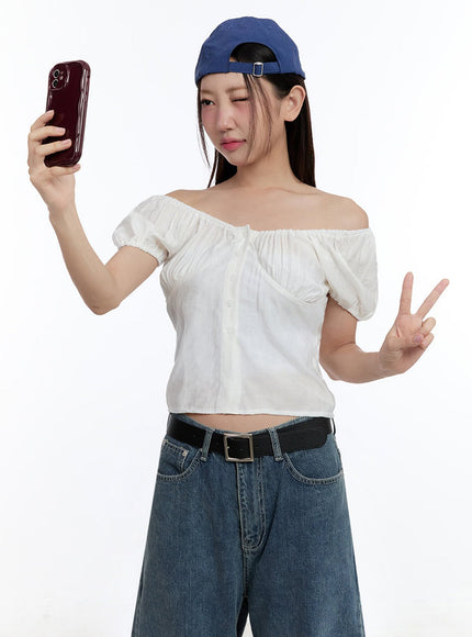 off-shoulder-puff-sleeve-crop-top-iu509 / White