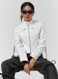 high-neck-tweed-zipper-biker-jacket-cf401 / White