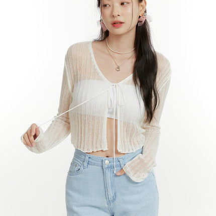 drawstring-v-neck-sheer-cardigan-ou419 / White