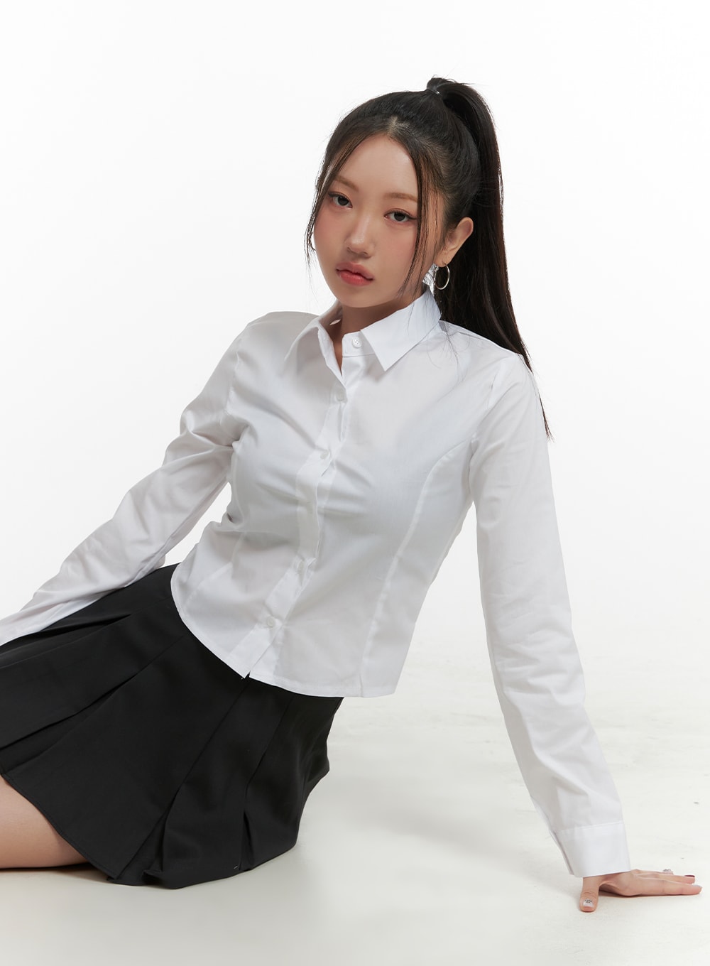 basic-cropped-cotton-buttoned-shirt-oa416 / White