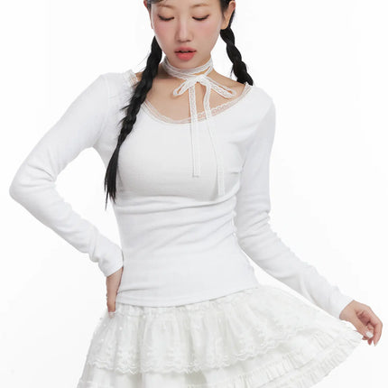 lace-trim-top-and-ruffle-skirt-set-cn528 / White