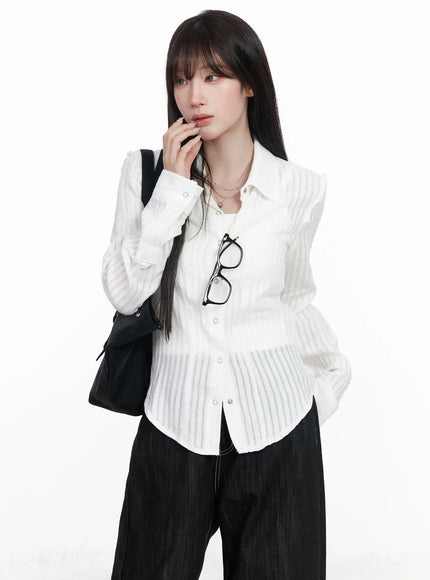sheer-striped-long-sleeve-shirt-cf523 / White