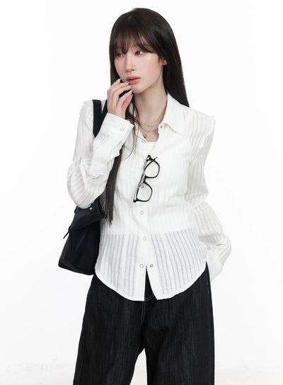 sheer-striped-long-sleeve-shirt-cf523 / White