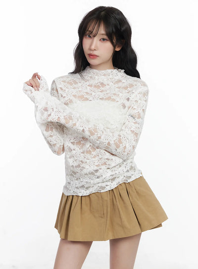 elegant-floral-lace-sheer-turtleneck-top-cj526 / White