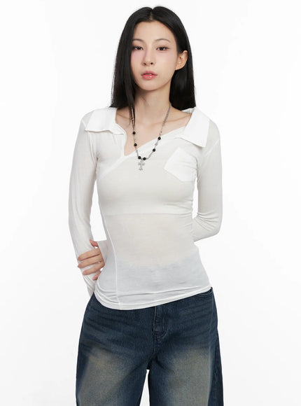 asymmetrical-collar-slim-fit-long-sleeve-top-cg526 / White