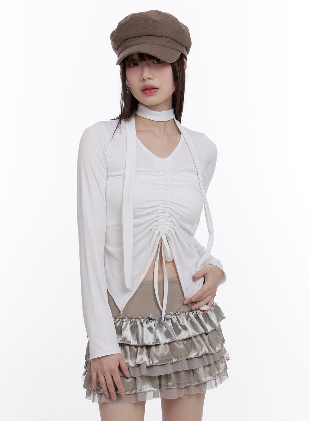 gathered-slim-fit-long-sleeve-top-cf512 / White