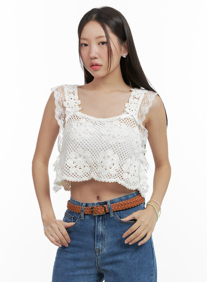 lace-crochet-sleeveless-crop-top-og407 / White