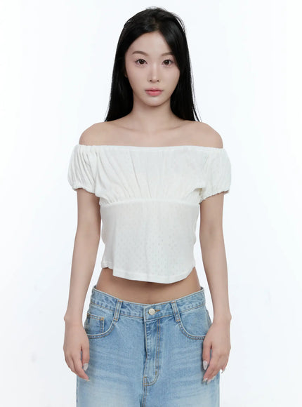 off-shoulder-eyelet-puff-sleeve-top-cl530 / White