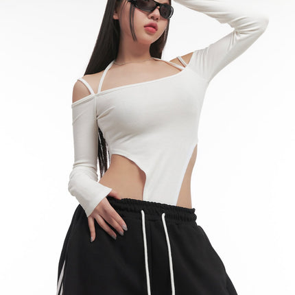 halter-string-cut-out-bodysuit-top-cf525 / White