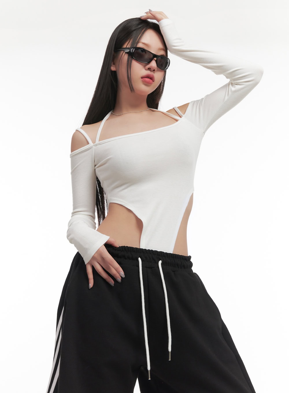 halter-string-cut-out-bodysuit-top-cf525 / White