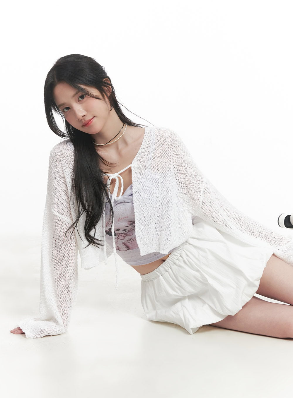 tie-up-cropped-cardigan-ca510 / White