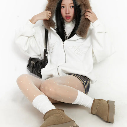 oversized-fleece-faux-fur-zip-up-hoodie-cd529 / White