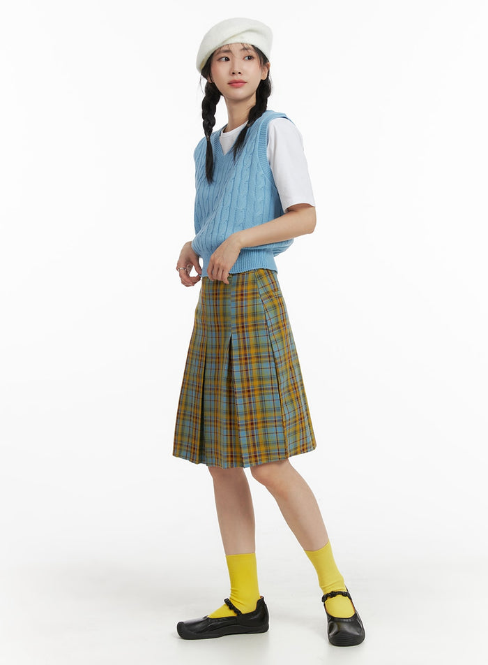 contrasting-plaid-pleated-midi-skirt-om408 / Yellow
