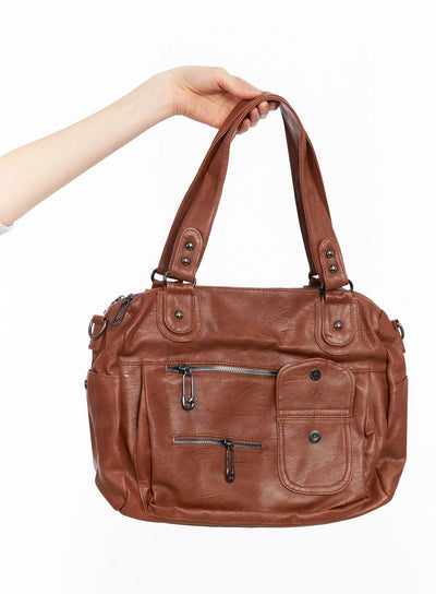 multi-pocket-faux-leather-bag-ia523 / Brown