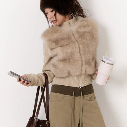textured-knit-faux-fur-jacket-cn527 / Beige