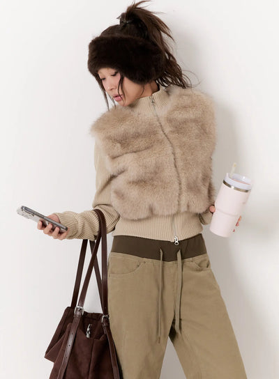 textured-knit-faux-fur-jacket-cn527 / Beige