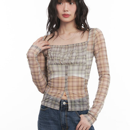sheer-checkered-square-neck-crop-top-cm520 / Beige