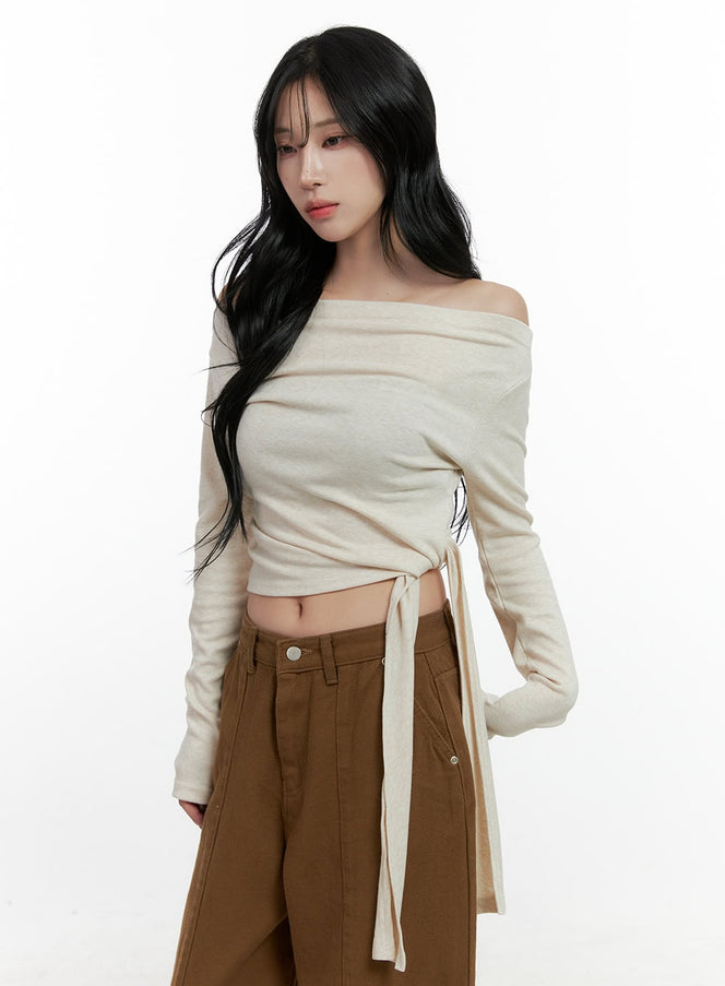 strap-solid-long-sleeve-crop-top-cn408 / Beige