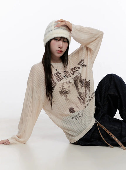 graphic-oversized-sheer-long-sleeve-top-cs530 / Beige