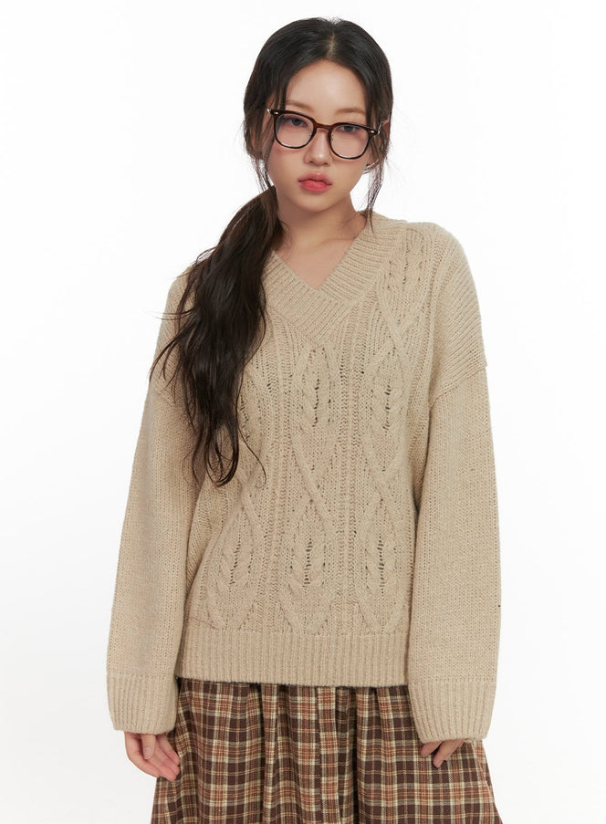 cableknit-v-neck-oversized-sweater-cn426 / Beige