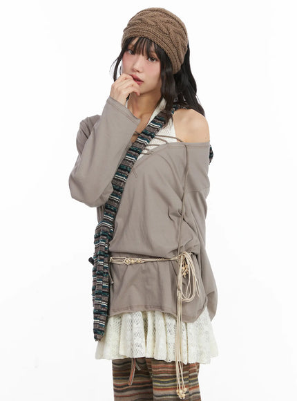 casual-loose-fit-eyelet-tee-cd531 / Beige