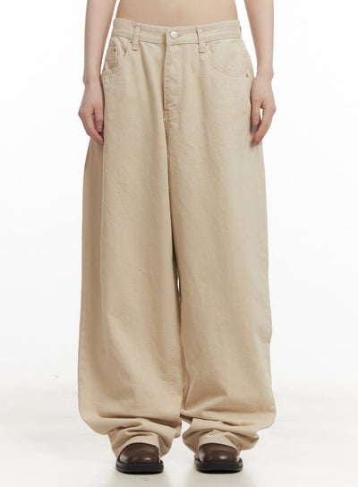 studded-wide-fit-cotton-pants-cf519 / Beige