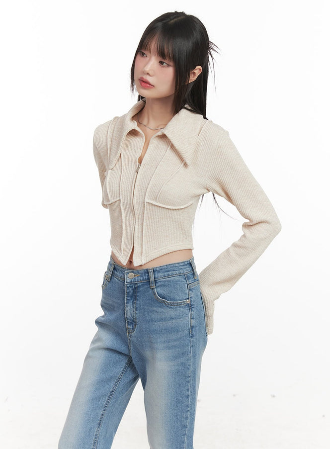 Zip-Up Collared Long-Sleeve Crop Top CJ523