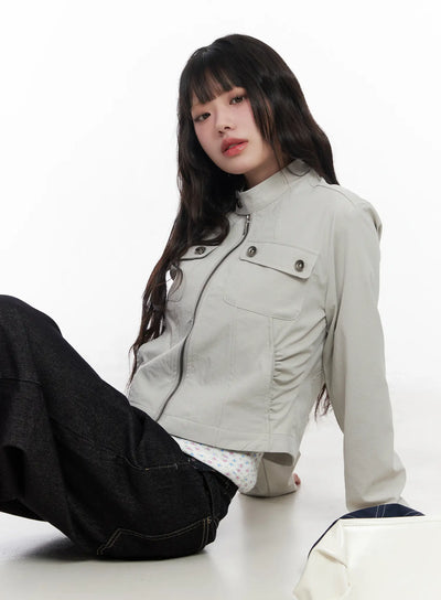 ruched-pocked-zip-up-jacket-cm526 / Beige