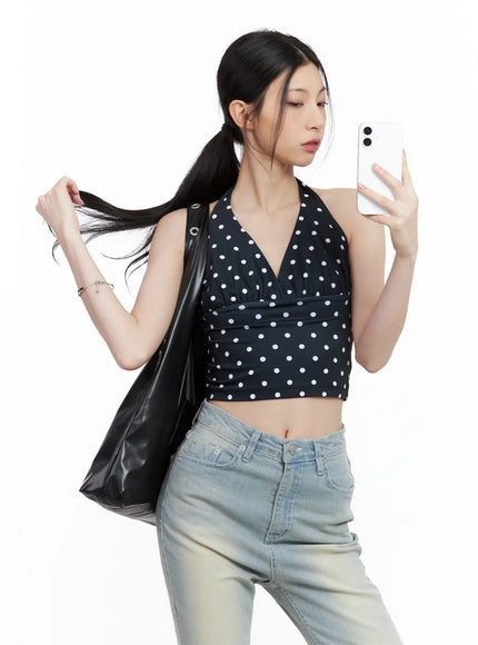 v-neck-polka-dot-halter-top-cl501 / Black