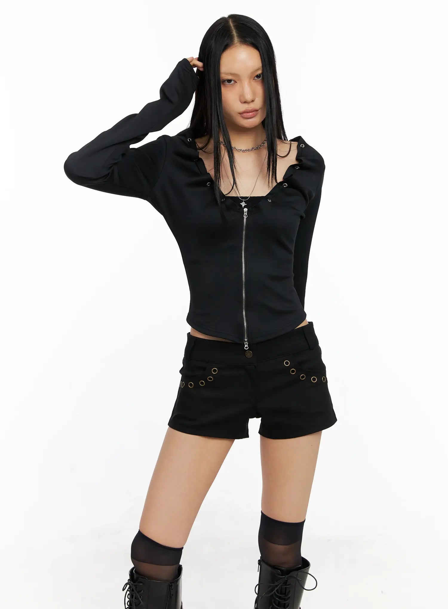 zip-up-long-sleeve-top-co529 / Black