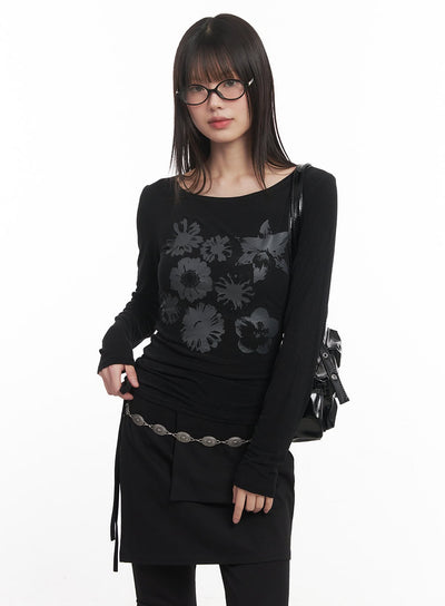 floral-graphic-sheer-long-sleeve-top-cm520 / Black