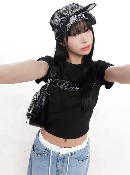 casual-beaded-crop-top-cy527 / Black