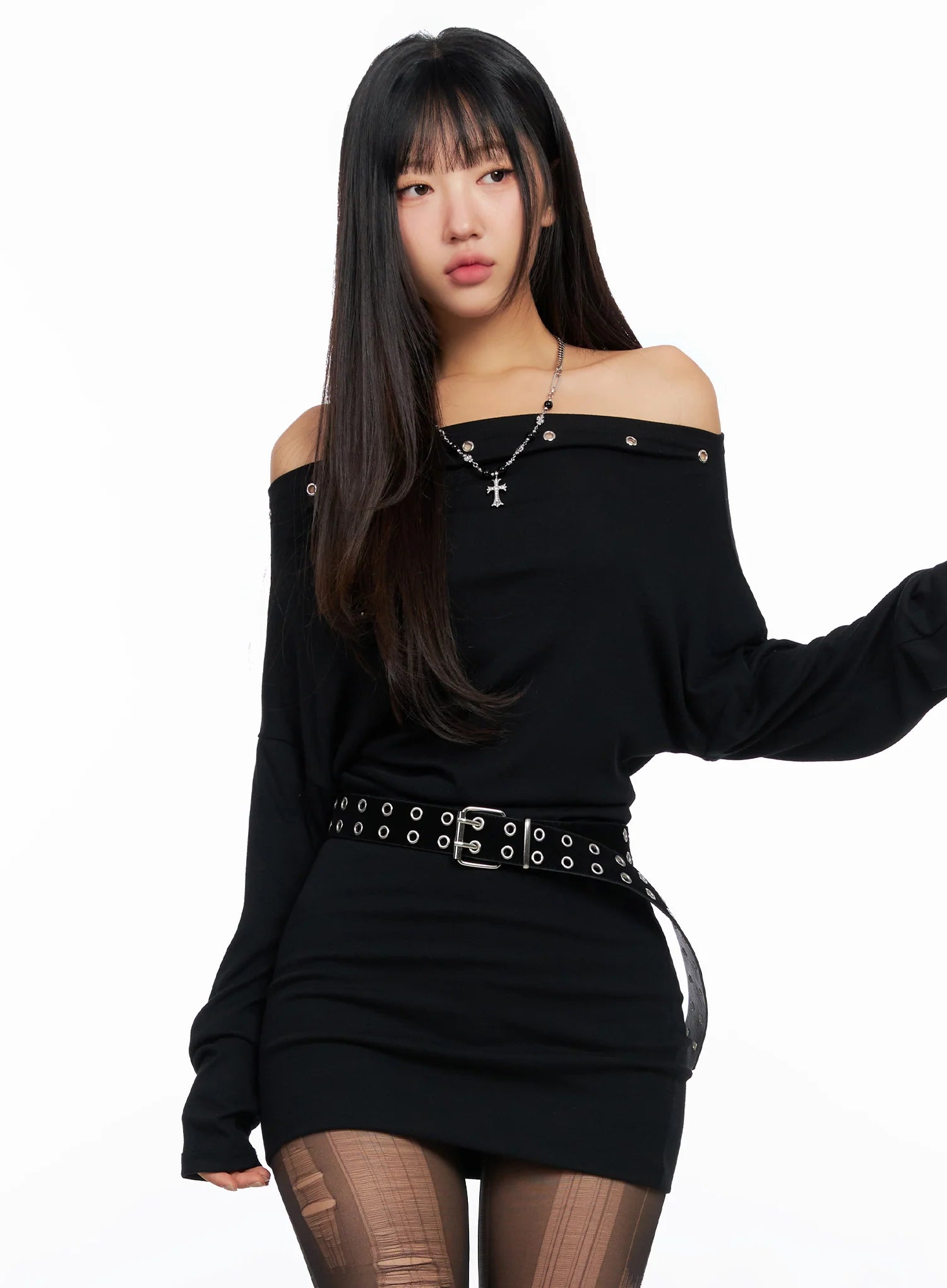 chic-off-shoulder-mini-dress-co514 / Black