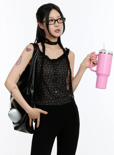 floral-ruffle-trim-tank-ca507 / Black