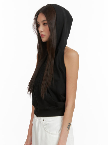 zip-up-hoodie-sleeveless-top-cy424 / Black