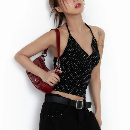polka-dot-halter-v-neck-sleeveless-top-cl511 / Black