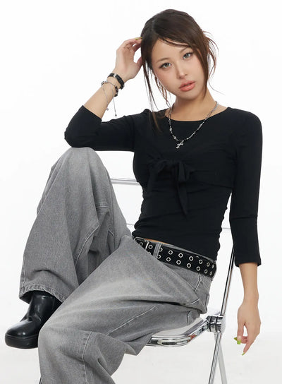u-neck-ribbon-tie-3-4-sleeve-top-cf511 / Black