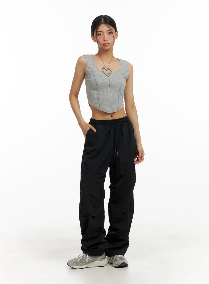 casual-wide-fit-nylon-pants-ca424 / Black