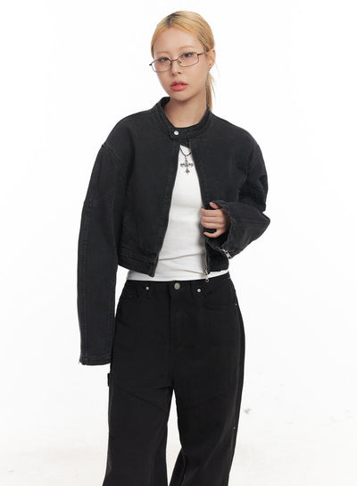 denim-zip-up-crop-jacket-cm506 / Black
