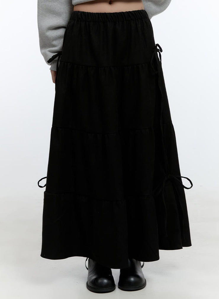 ribbon-detail-flared-maxi-skirt-cd424 / Black