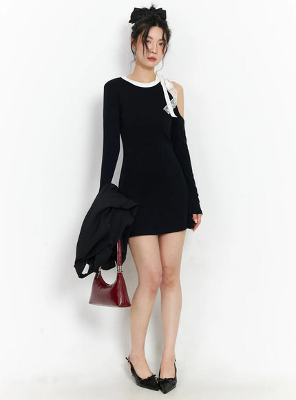 elegant-one-shoulder-laced-mini-dress-cj522 / Black