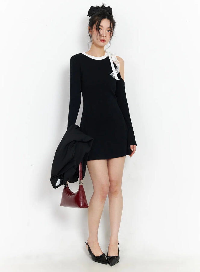 elegant-one-shoulder-laced-mini-dress-cj522 / Black