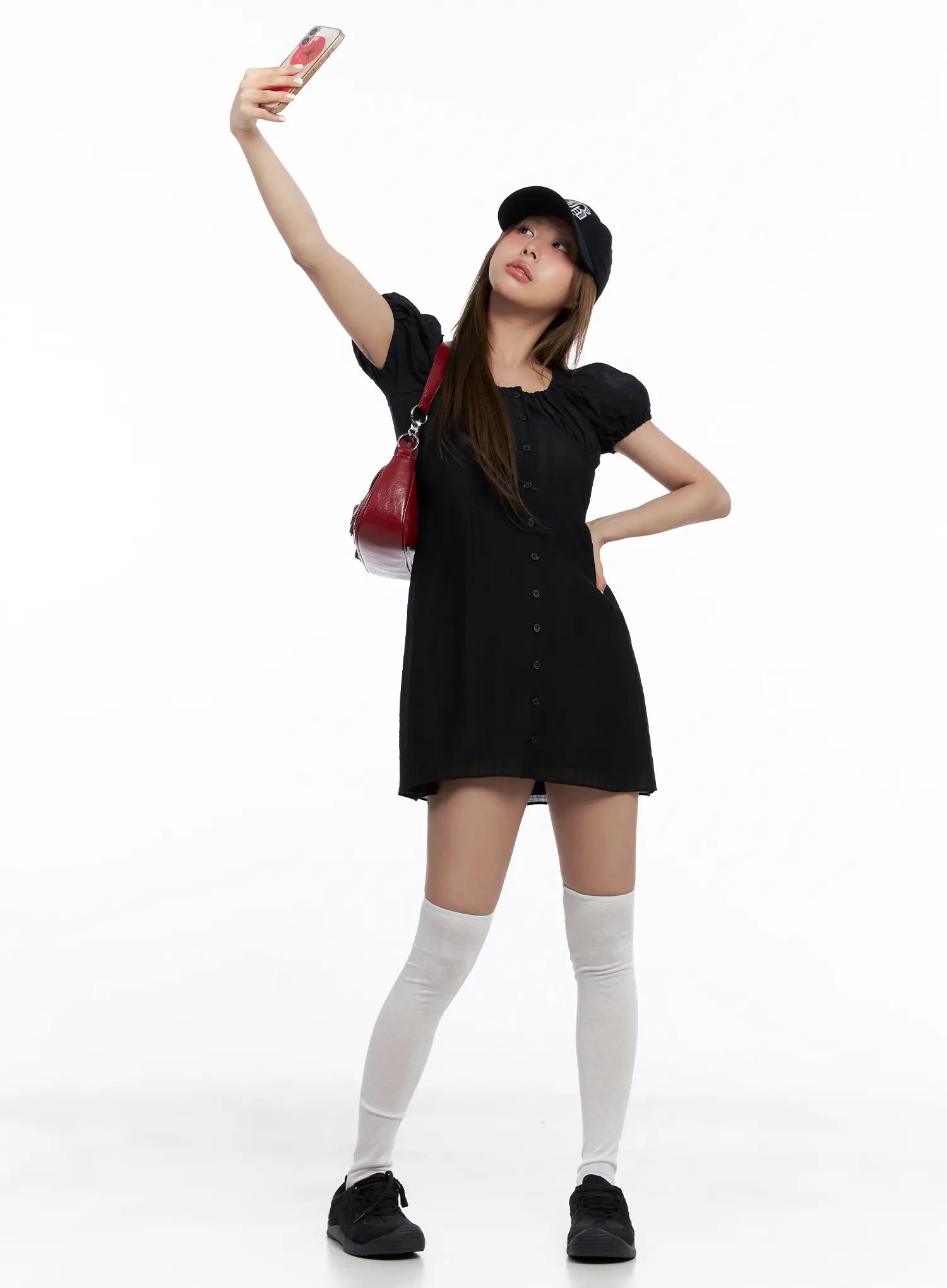 shirred-puff-sleeve-mini-dress-cl510 / Black