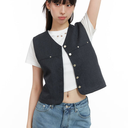 buttoned-v-neck-denim-vest-cg408 / Black