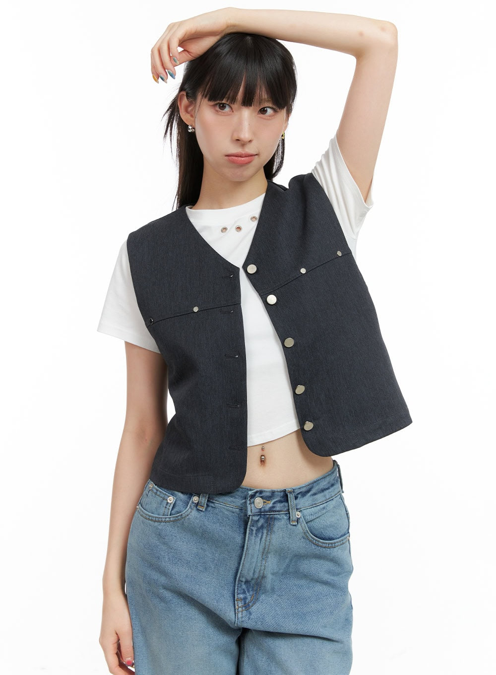 buttoned-v-neck-denim-vest-cg408 / Black