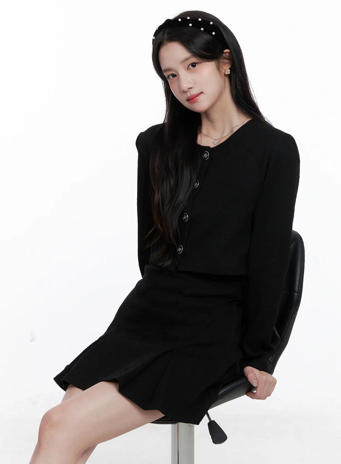 elegant-buttoned-jacket-and-skirt-set-cs519 / Black