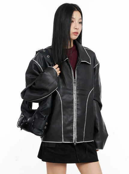 oversized-faux-leather-jacket-cc1109 / Black